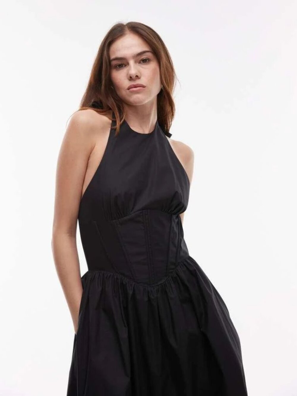 NWT NIA Rio Corset Detail Poplin Midi Dress Black Size S